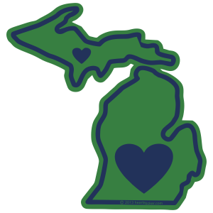 Upper and Lower Penninsula stickers available, Ann Arbor, Detroit, Kalamazoo, Traverse City, Heartsticker