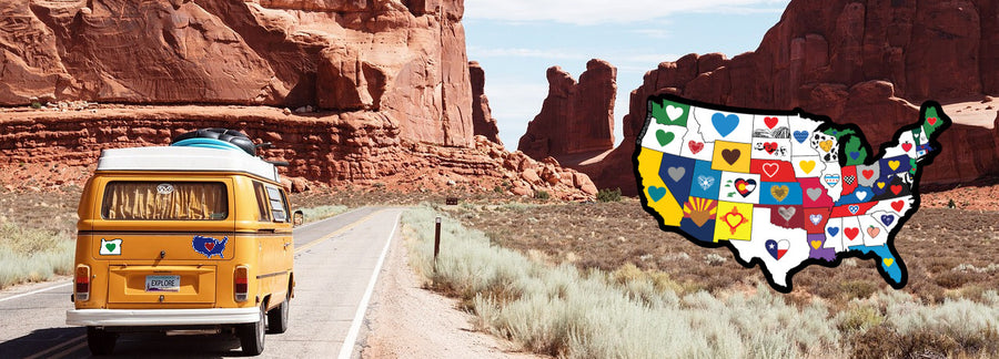 Yellow VW bus with heart in usa map with many hearts in arches national park